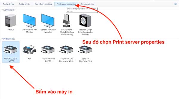 chọn máy in Epson và bấm Print Server Properties