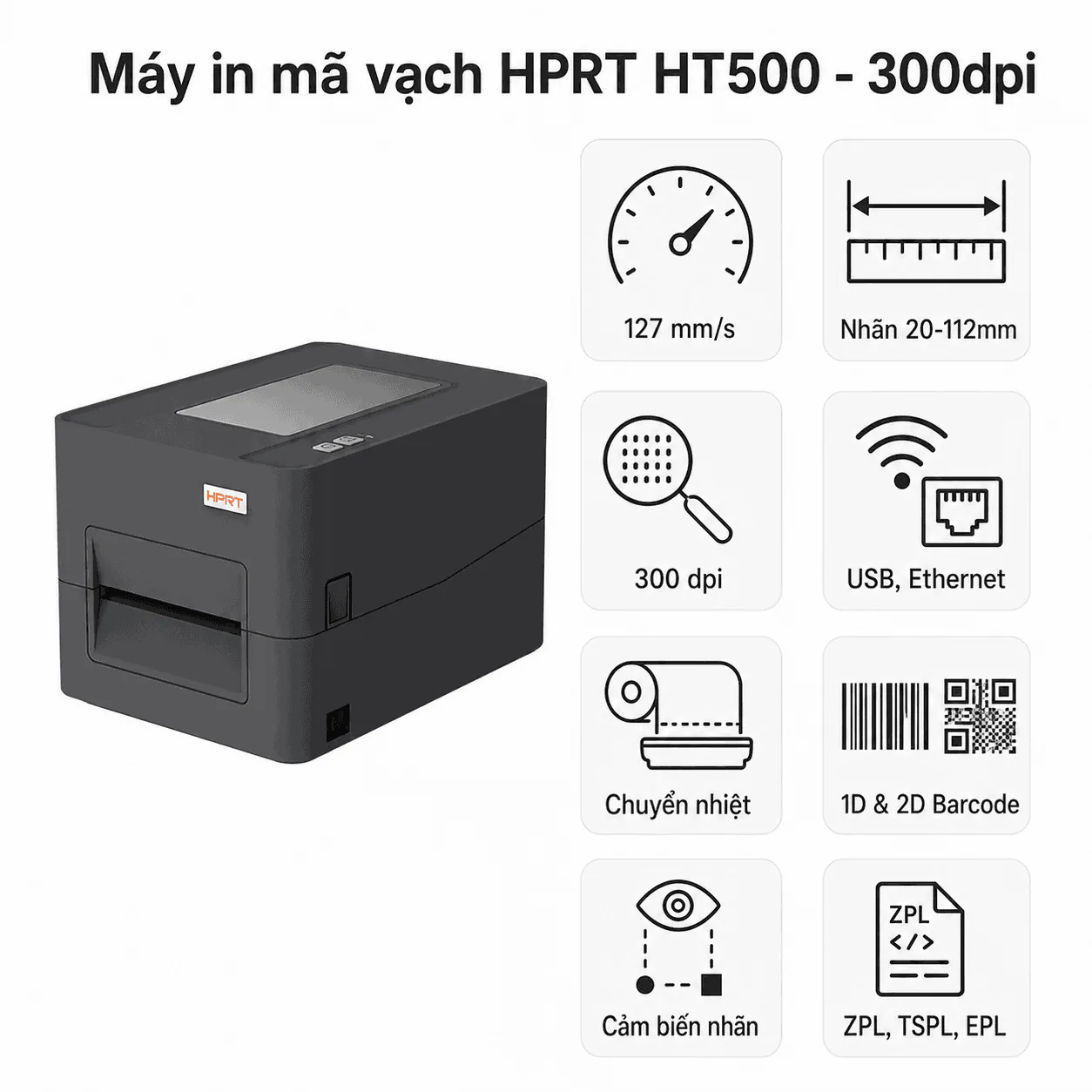 Máy in mã vạch HPRT HT500 300dpi với cổng USB và LAN Ethernet