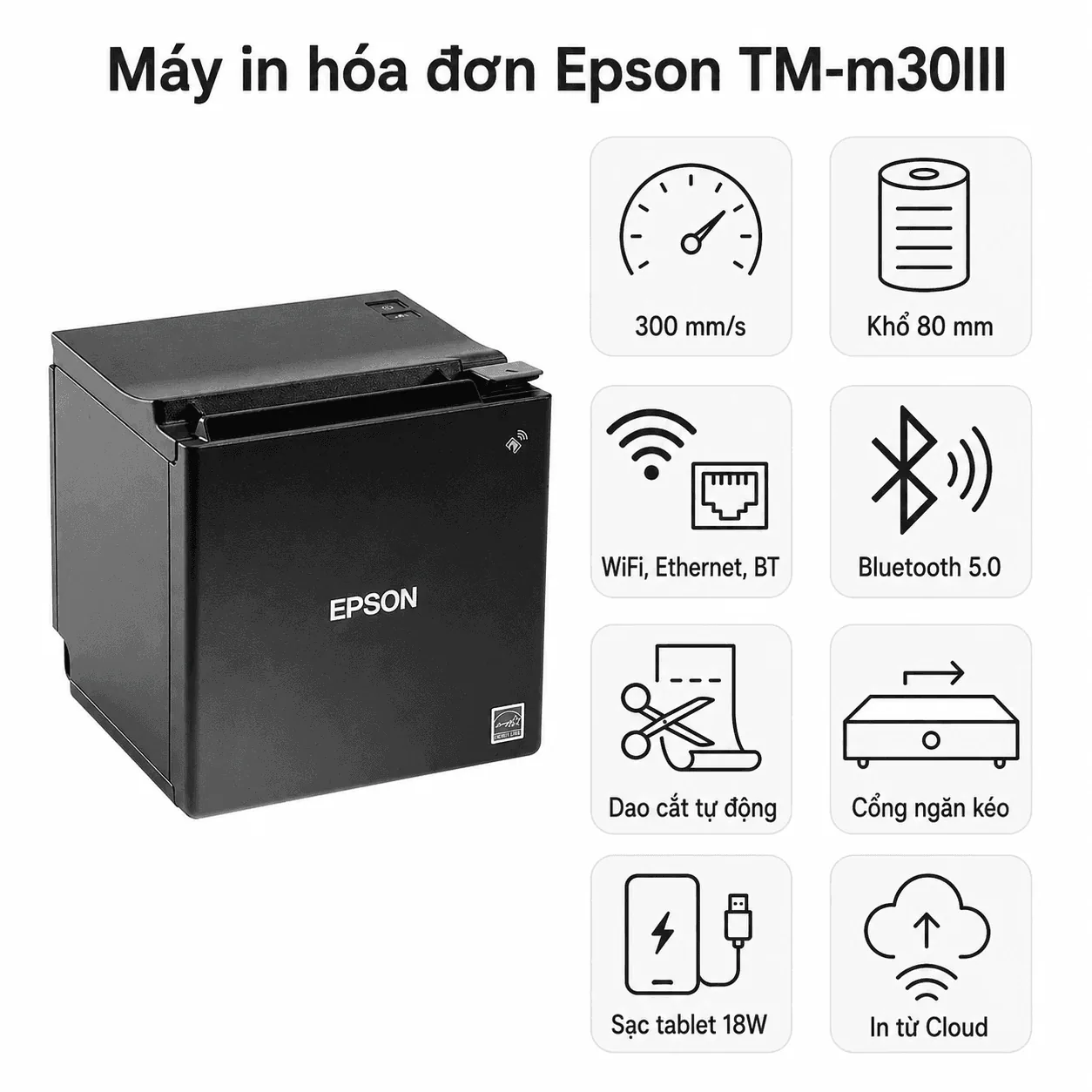 Máy in hóa đơn Epson TM-M30III thiết kế hình lập phương nhỏ gọn