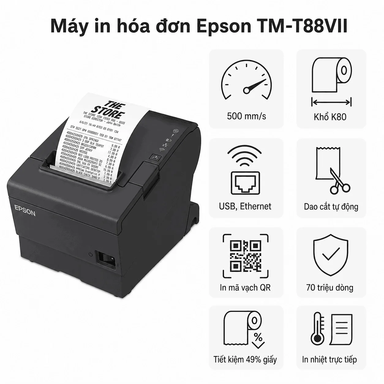 Máy in hóa đơn nhiệt Epson TM-T88VII bản USB và LAN