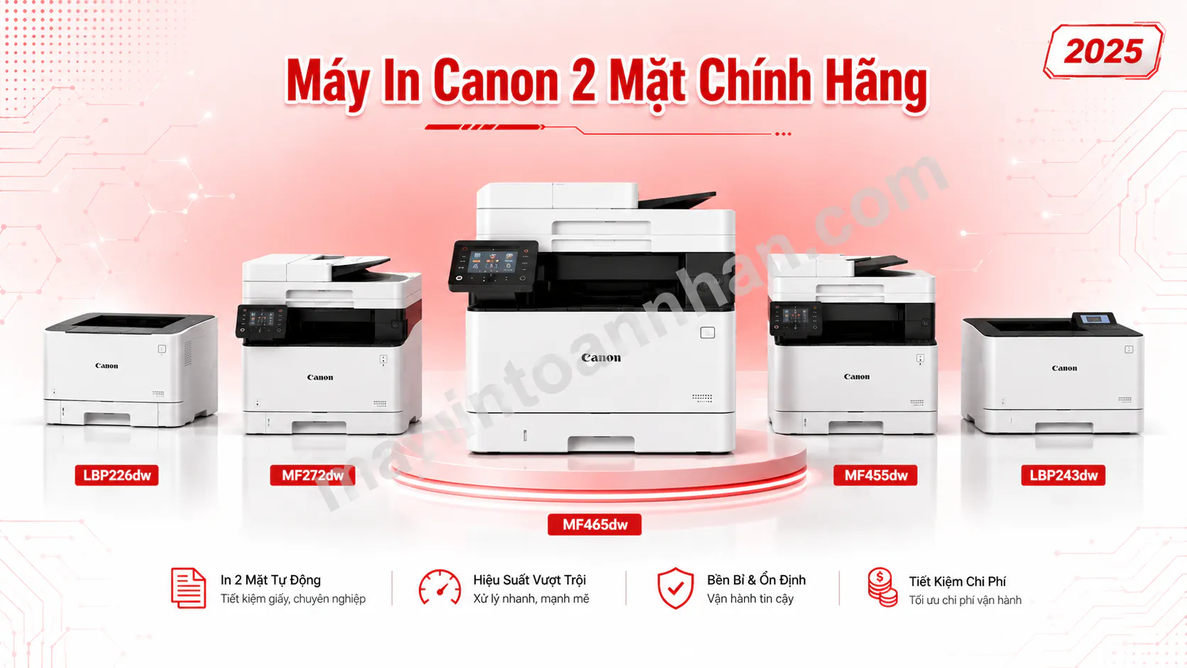 Banner danh mục máy in Canon 2 mặt - collage 5 model bán chạy nhất xếp theo hàng ngang.