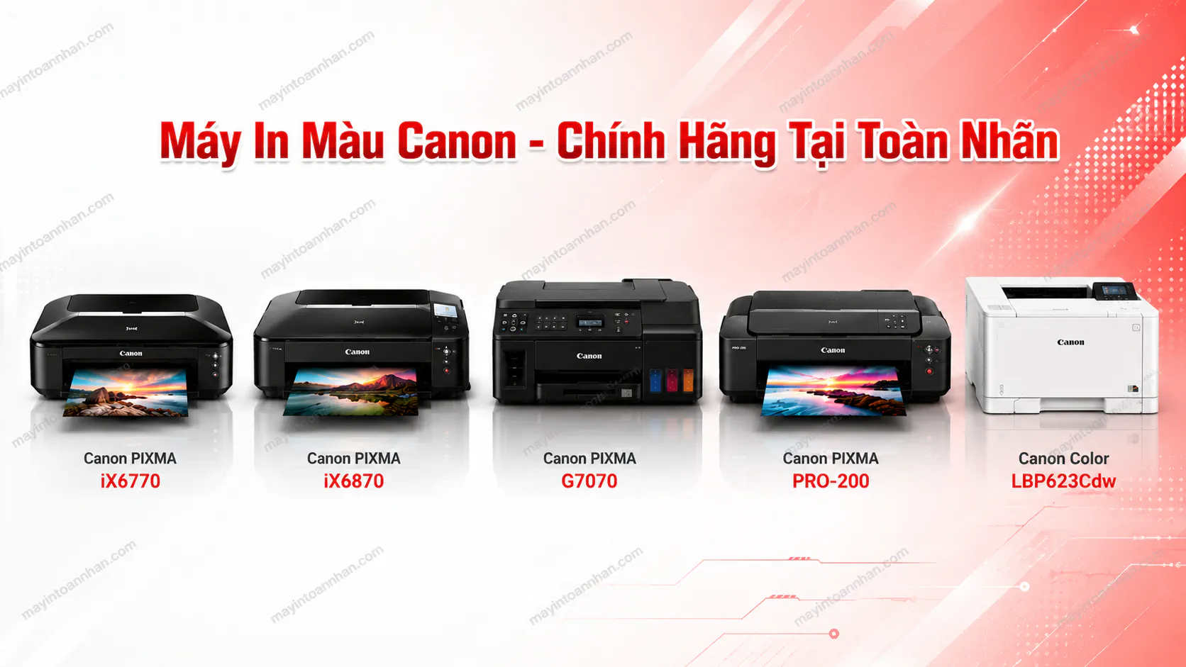 Banner danh mục máy in màu Canon - collage 5 model bán chạy nhất xếp theo hàng ngang