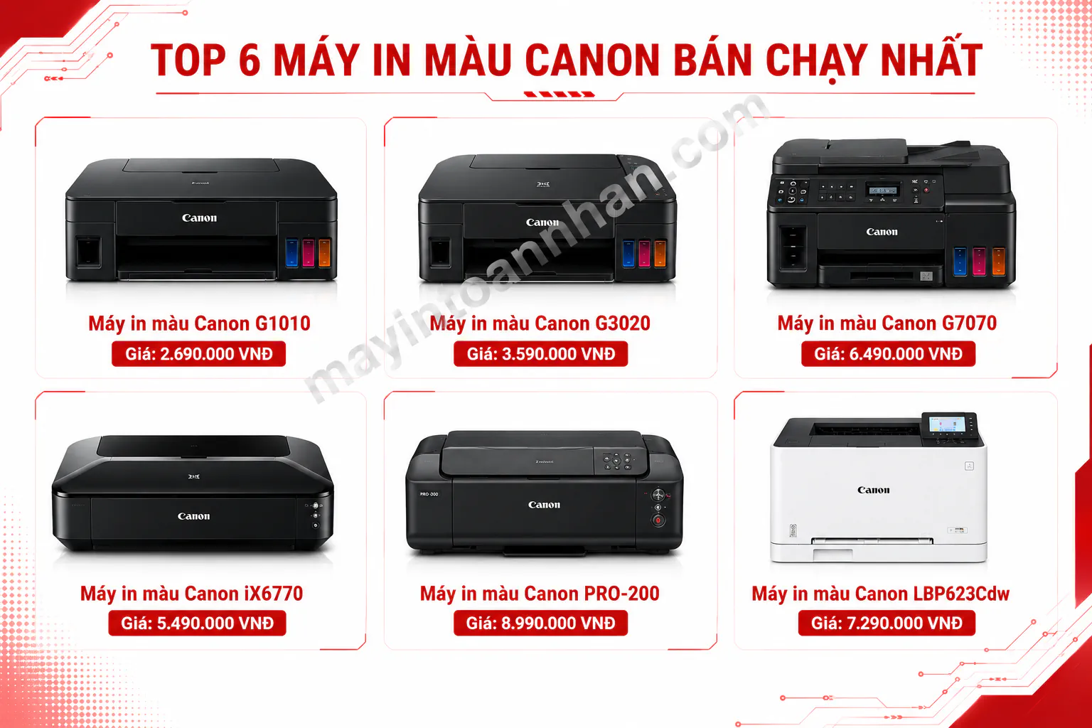 Collage 6 sản phẩm bán chạy nhất máy in màu Canon - bố cục 2x3 grid, nền trắng sạch, có tên sản phẩm và giá bên dưới mỗi ảnh.