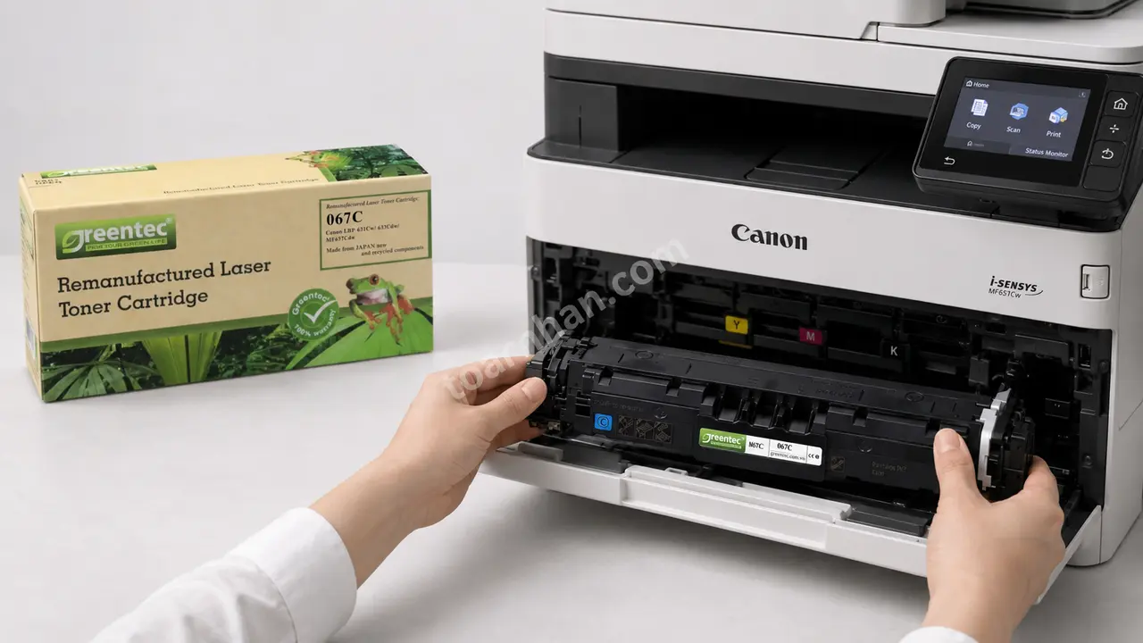 Hộp mực xanh Greentech Canon 067C được lắp vào máy Canon MF651Cw