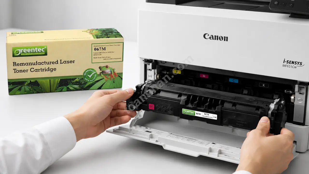 Hộp mực hồng Greentech Canon 067M được lắp vào máy Canon MF651Cw
