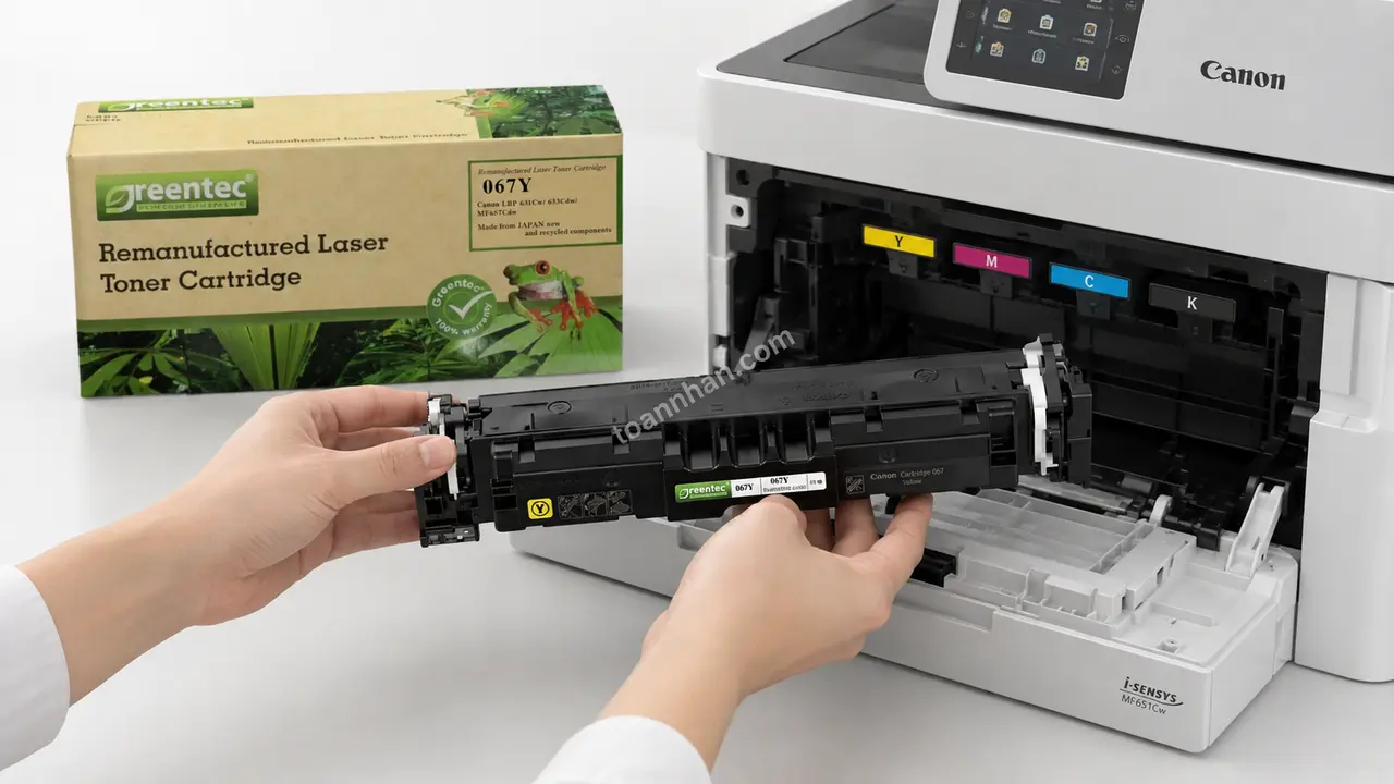 Hộp mực vàng Greentech Canon 067Y được lắp vào máy Canon MF651Cw