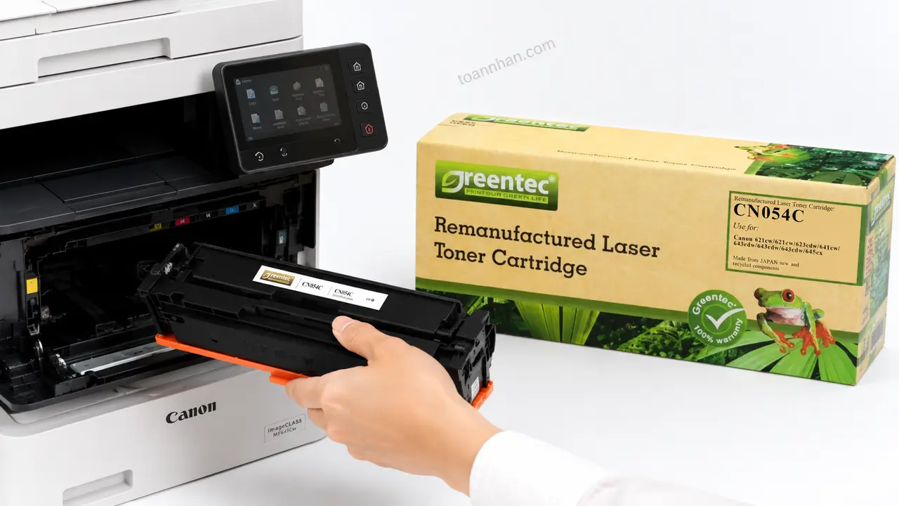 Hộp mực xanh Greentech Canon CN054C được lắp vào máy Canon MF641Cw