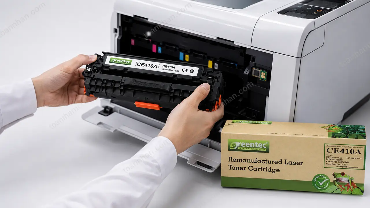 Mực in laser màu Greentech HP CE410A được lắp vào máy in tương thích