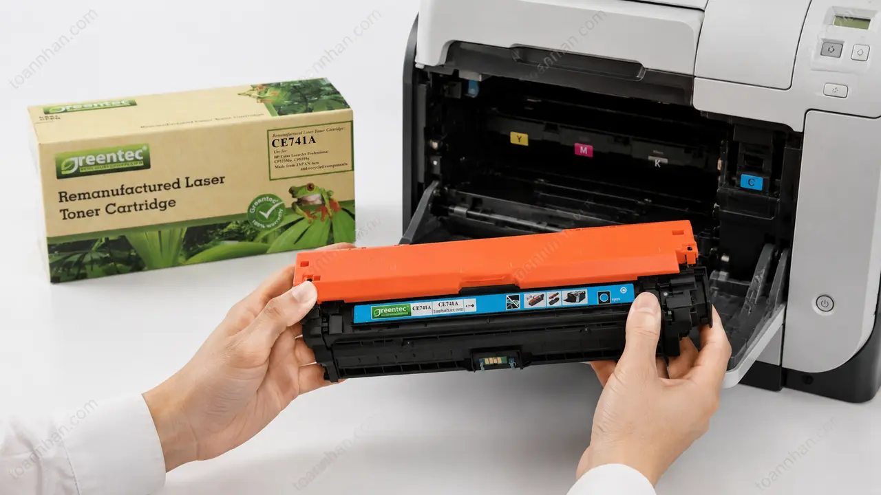 Mực in laser màu Greentech HP CE741A được lắp vào máy in tương thích
