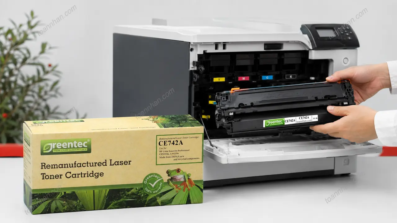 Mực in laser màu Greentech HP CE742A được lắp vào máy in tương thích