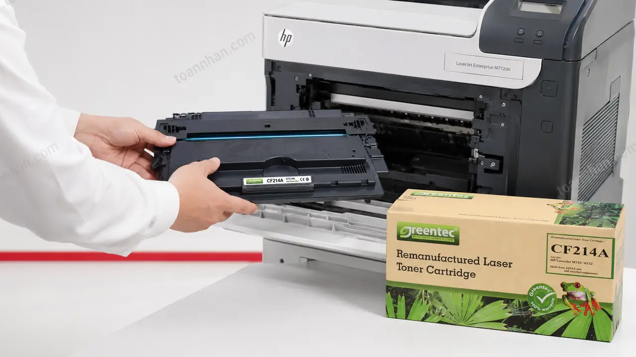 Mực in laser đen trắng Greentech HP CF214A được lắp vào máy in tương thích
