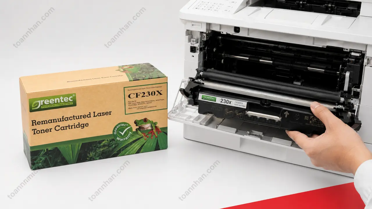 Mực in laser đen trắng Greentech HP CF230X được lắp vào máy in tương thích