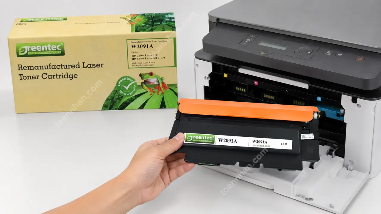 Mực in laser màu Greentech HP W2091A được lắp vào máy in tương thích