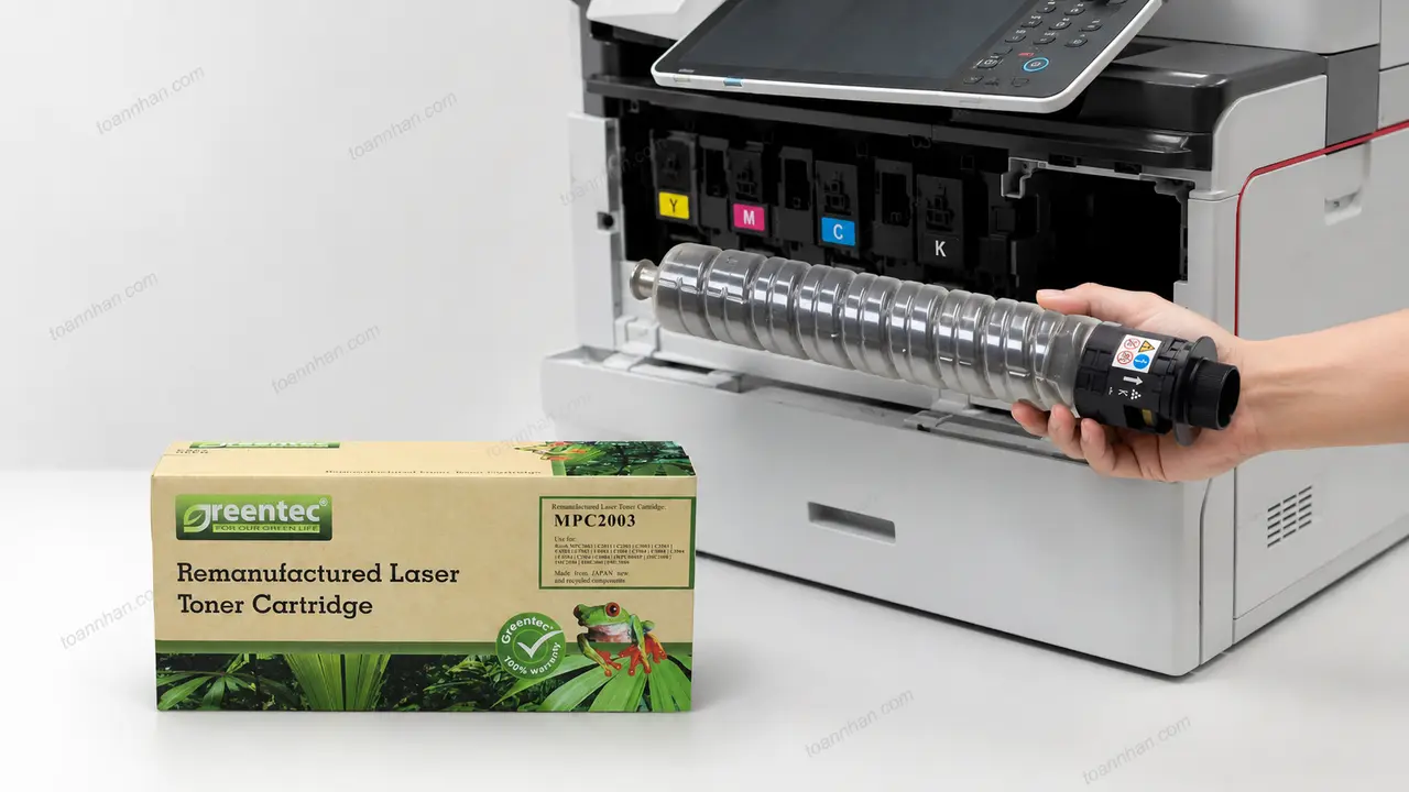 Mực in laser màu Greentech Ricoh MPC2003BK được lắp vào máy in tương thích