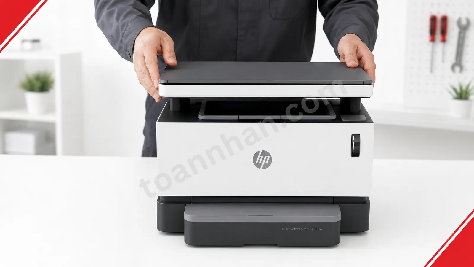 Đóng nắp HP Neverstop 1200W Đóng nắp và hạ mặt scan máy in HP Neverstop MFP 1200W