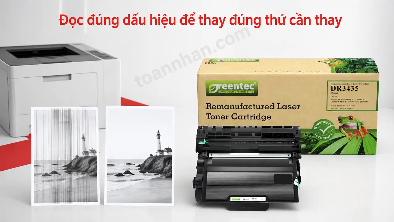 Cụm drum Greentech Brother DR3435 với bản in sọc và bản in sạch sau khi thay