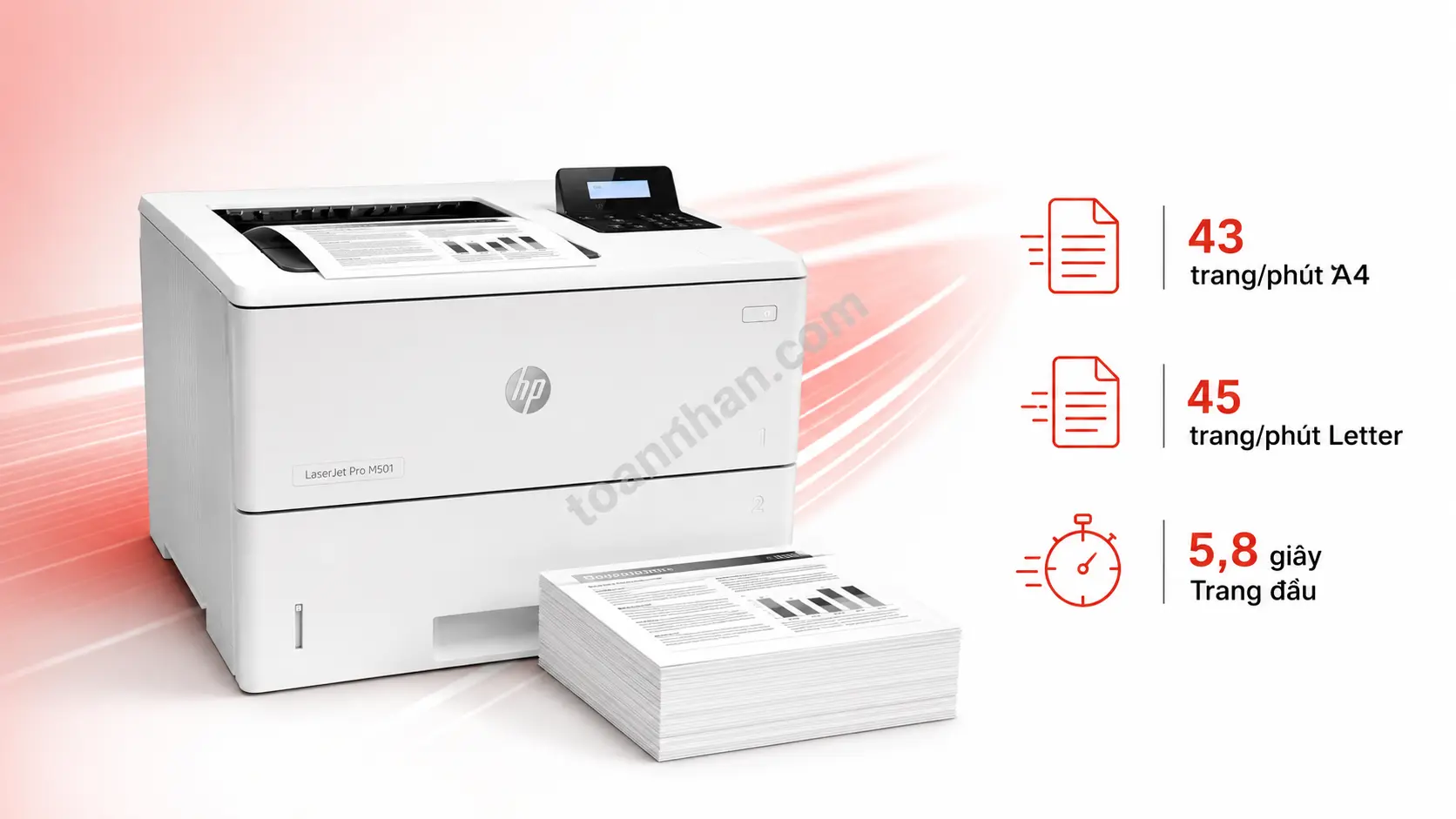 Máy in HP M501DN đạt tốc độ 43 trang mỗi phút và ra trang đầu nhanh