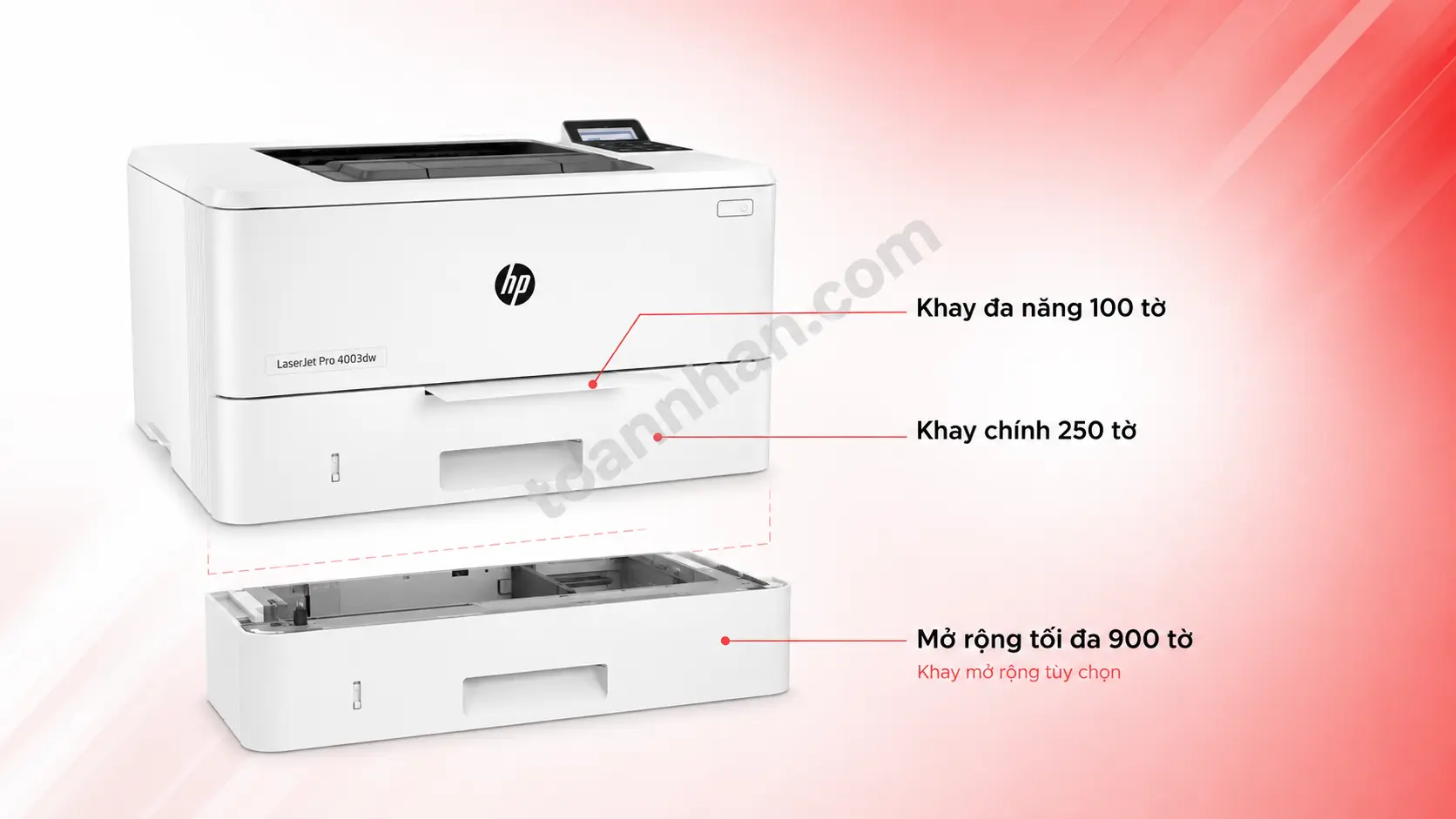 Hệ thống khay giấy HP LaserJet Pro 4003DW Hệ thống khay giấy tiêu chuẩn và khay mở rộng của máy in HP 4003DW