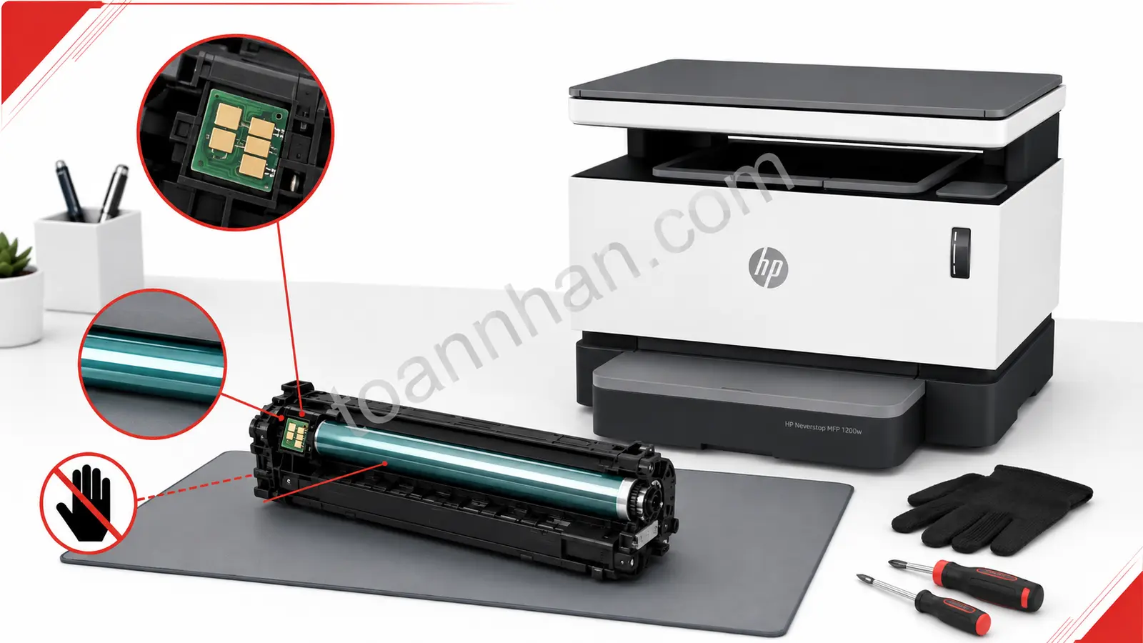 Kiểm tra chip và drum HP 1200W Kiểm tra chip nhớ và bề mặt drum HP Neverstop MFP 1200W