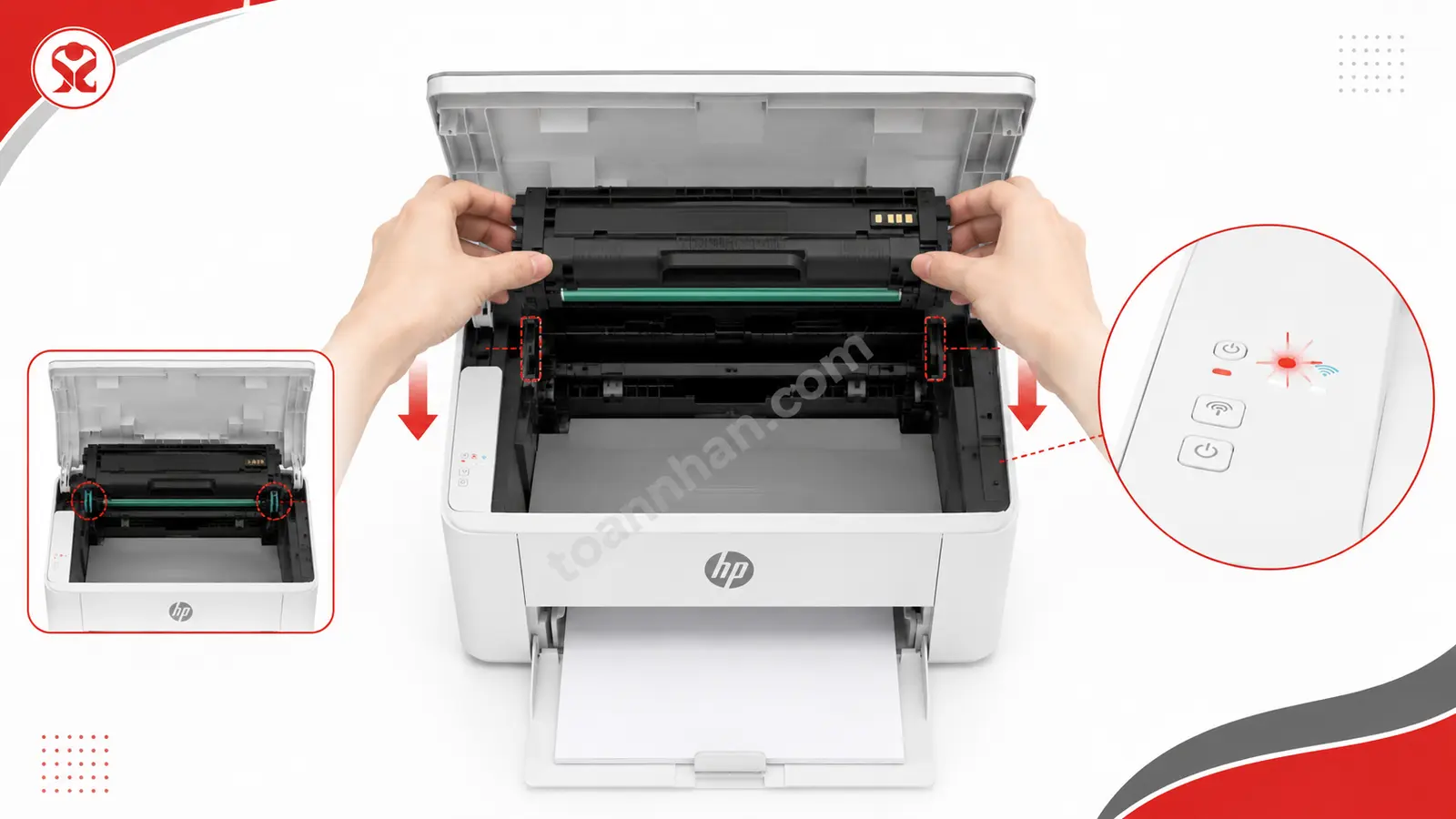 Lắp lại hộp mực HP 107W Lắp lại hộp mực đúng rãnh khi đèn mực HP Laser 107W nhấp nháy