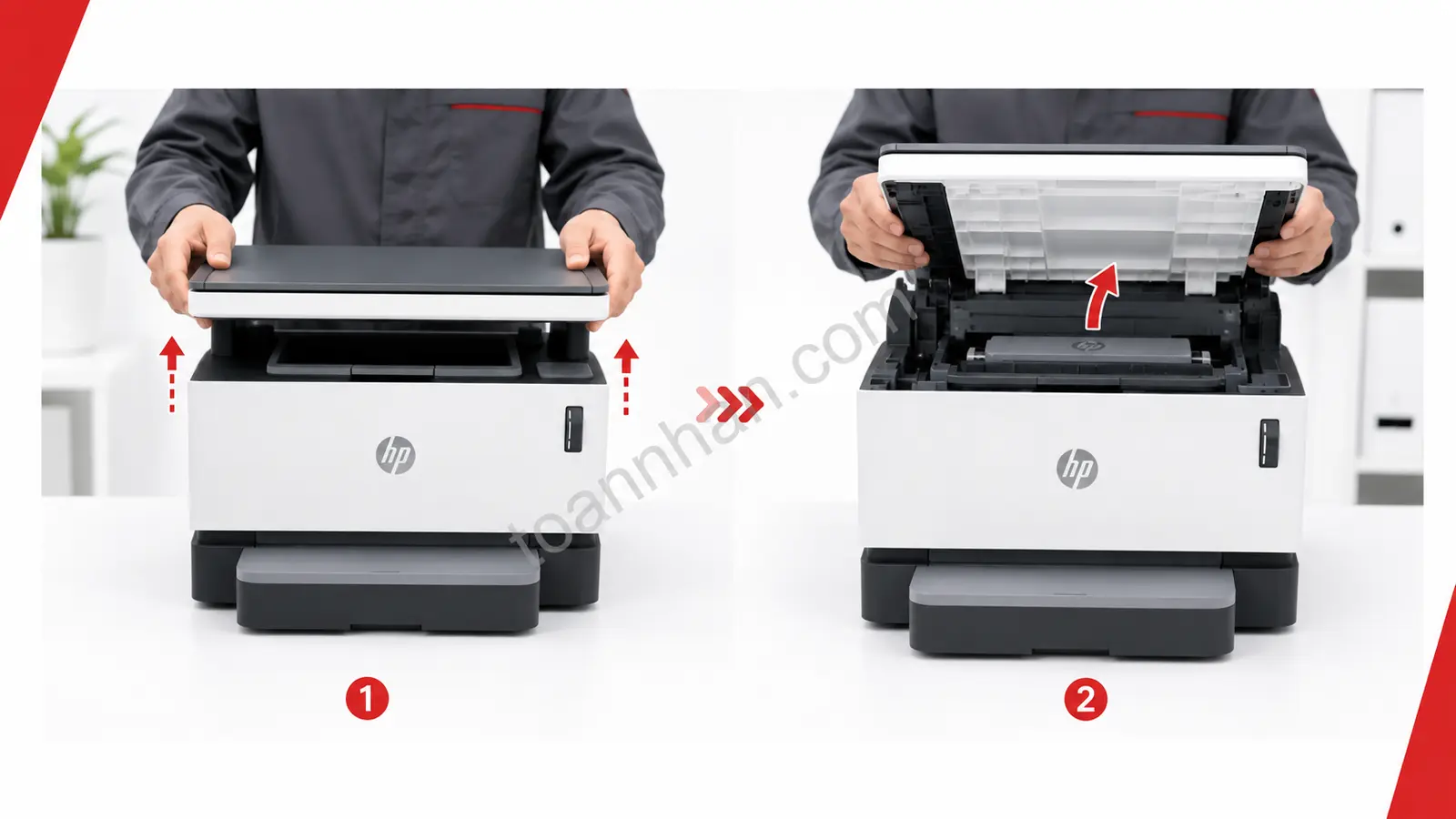 Mở nắp kiểm tra drum HP 1200W Nâng mặt scan và mở nắp HP Neverstop MFP 1200W