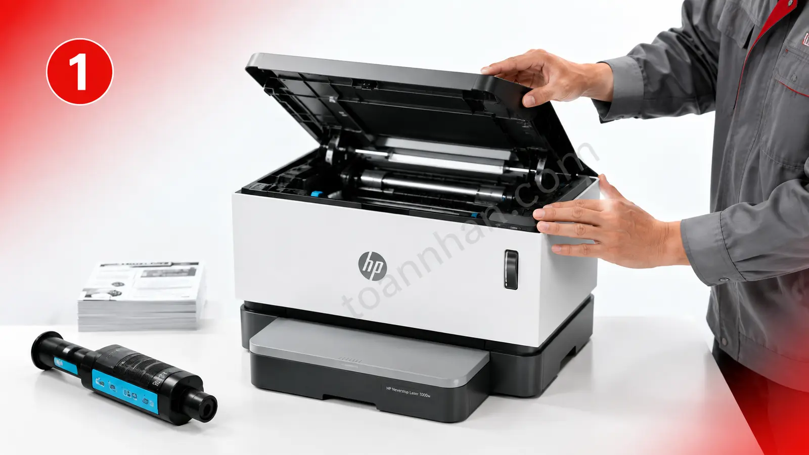 Mở nắp trên HP Neverstop 1000W Mở nắp trên máy in HP Neverstop 1000W để kiểm tra