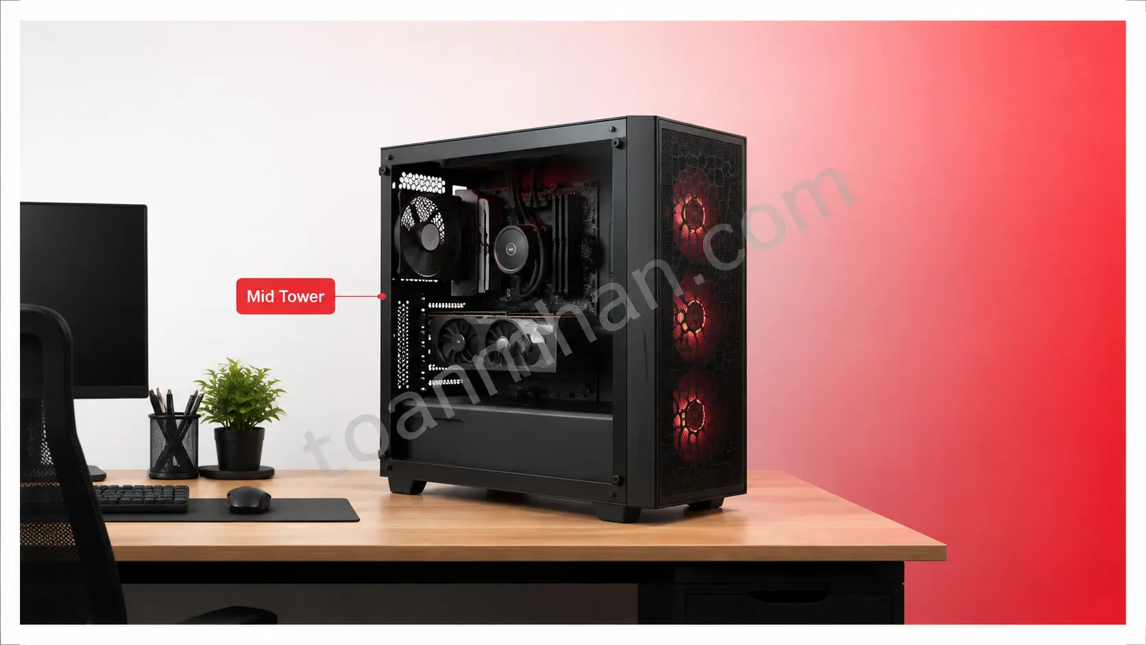 Thùng máy tính Mid Tower đặt trên bàn làm việc doanh nghiệp