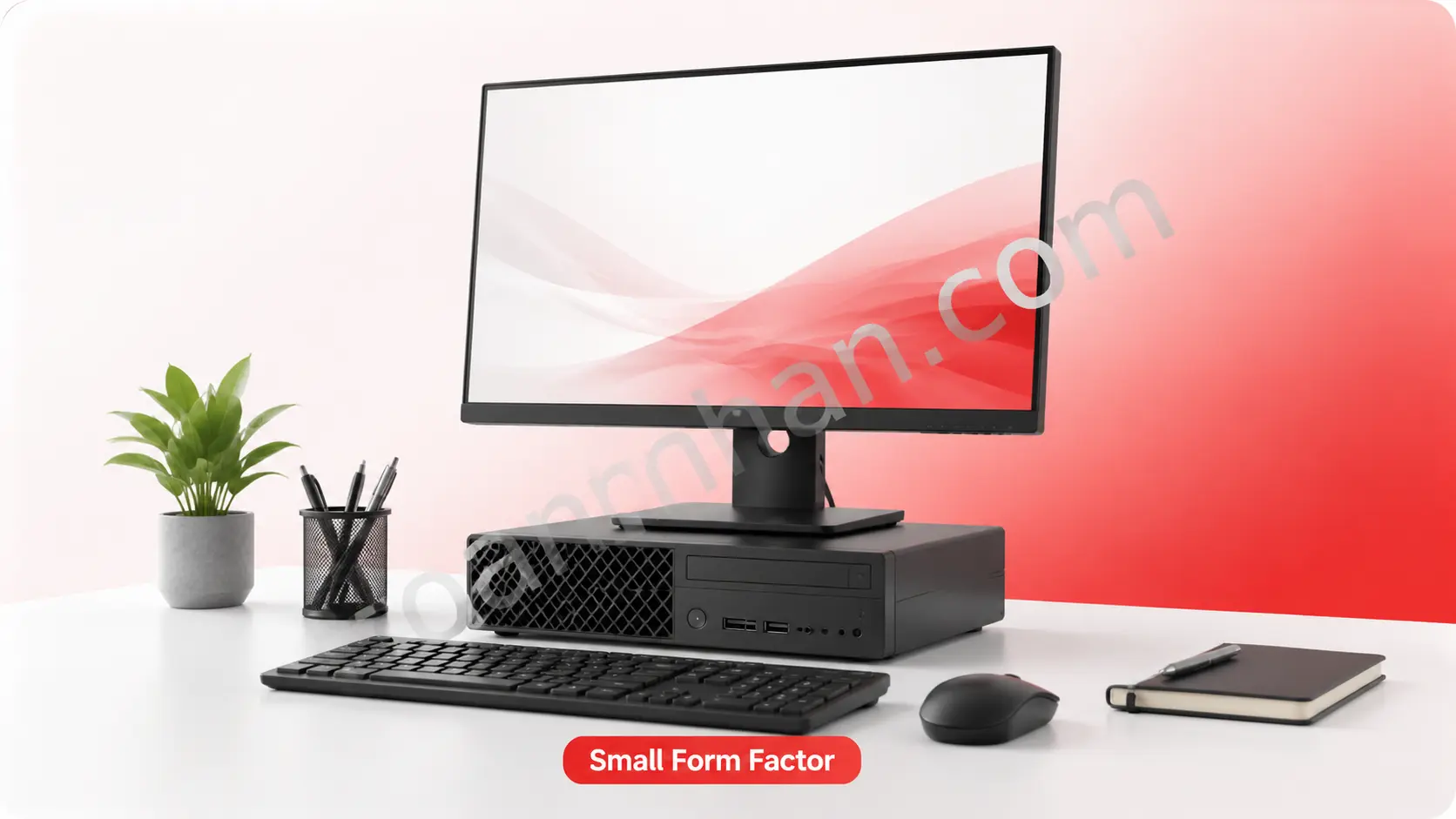 Máy tính Small Form Factor nằm ngang bên dưới màn hình văn phòng