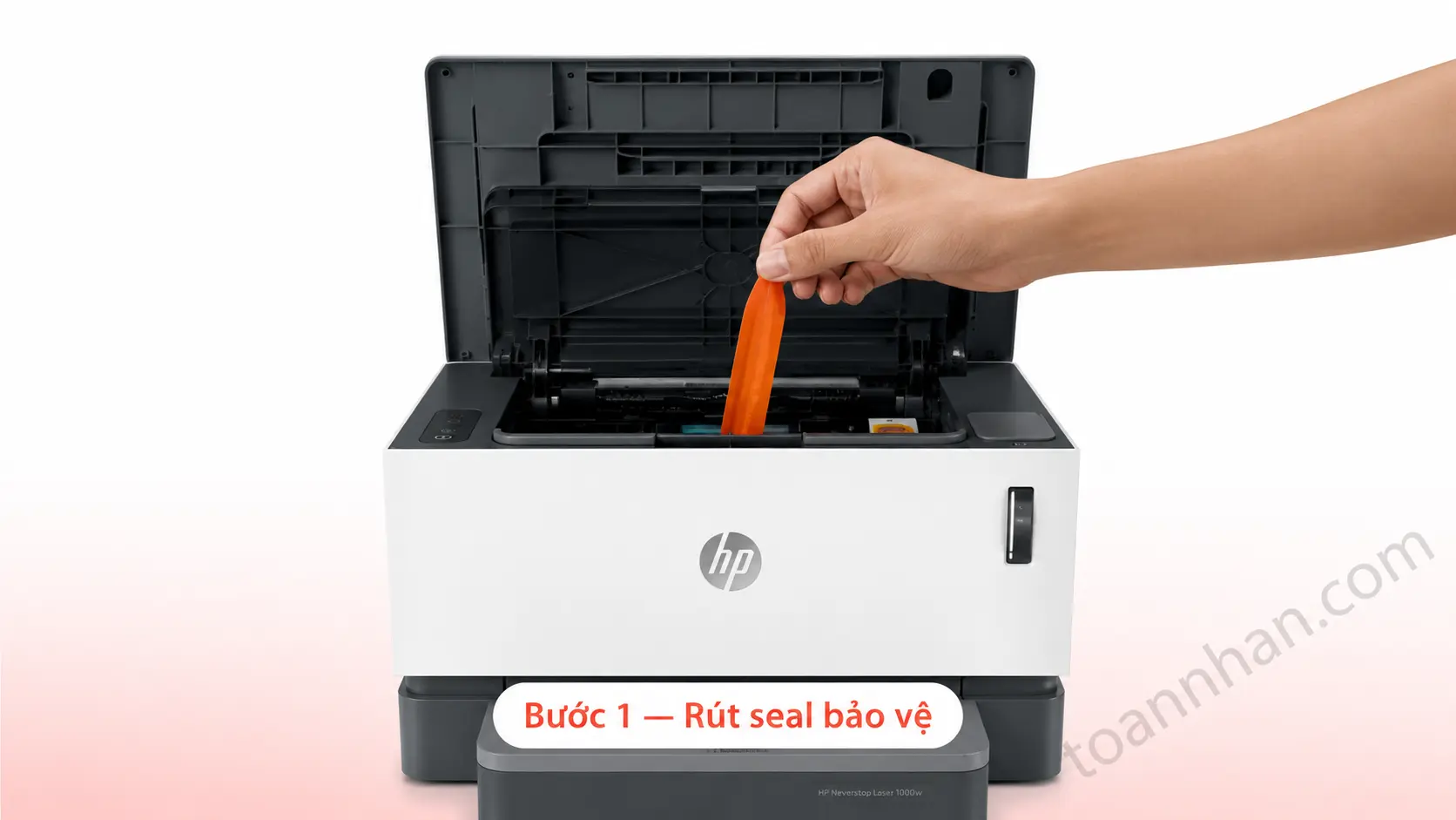 Rút seal HP Neverstop 1000w Thao tác kéo seal bảo vệ màu cam khỏi HP Neverstop 1000w