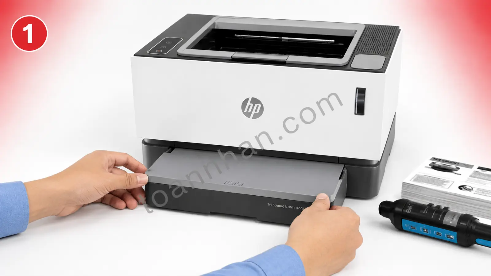 Tháo nắp khay giấy HP Neverstop 1000W Tháo nắp khay tiếp giấy máy in HP Neverstop 1000W