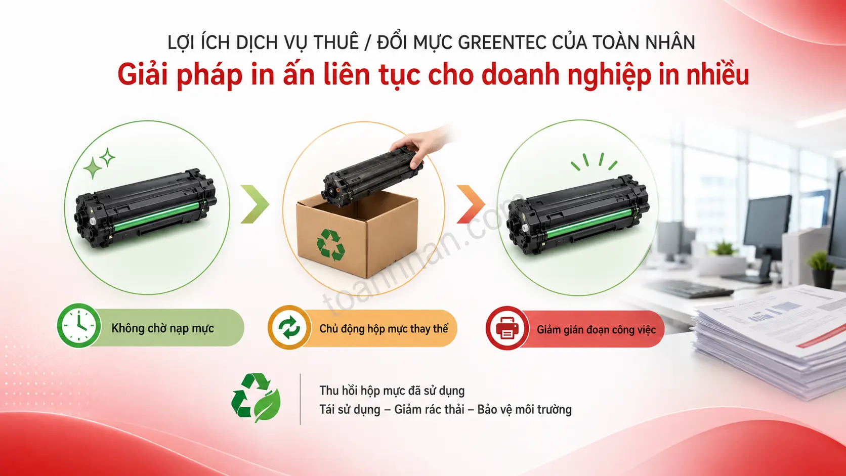 Lợi ích dịch vụ thuê đổi mực Greentec Quy trình đổi hộp mực Greentec giúp doanh nghiệp duy trì in ấn liên tục