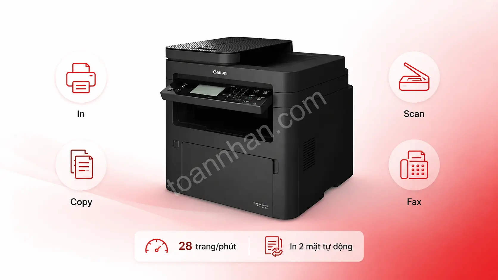 Tính năng Canon MF266dn Máy in Canon MF266dn hỗ trợ in scan copy fax và in hai mặt