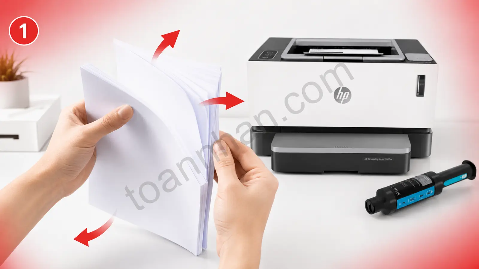 Uốn đều tập giấy HP Neverstop 1000W Uốn và tách đều tập giấy trước khi nạp vào HP Neverstop 1000W