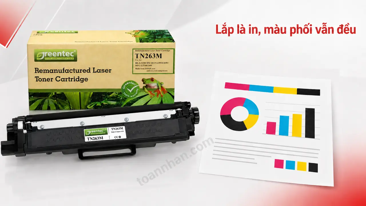 Hộp và cartridge Greentech TN263M minh họa màu CMYK đồng đều