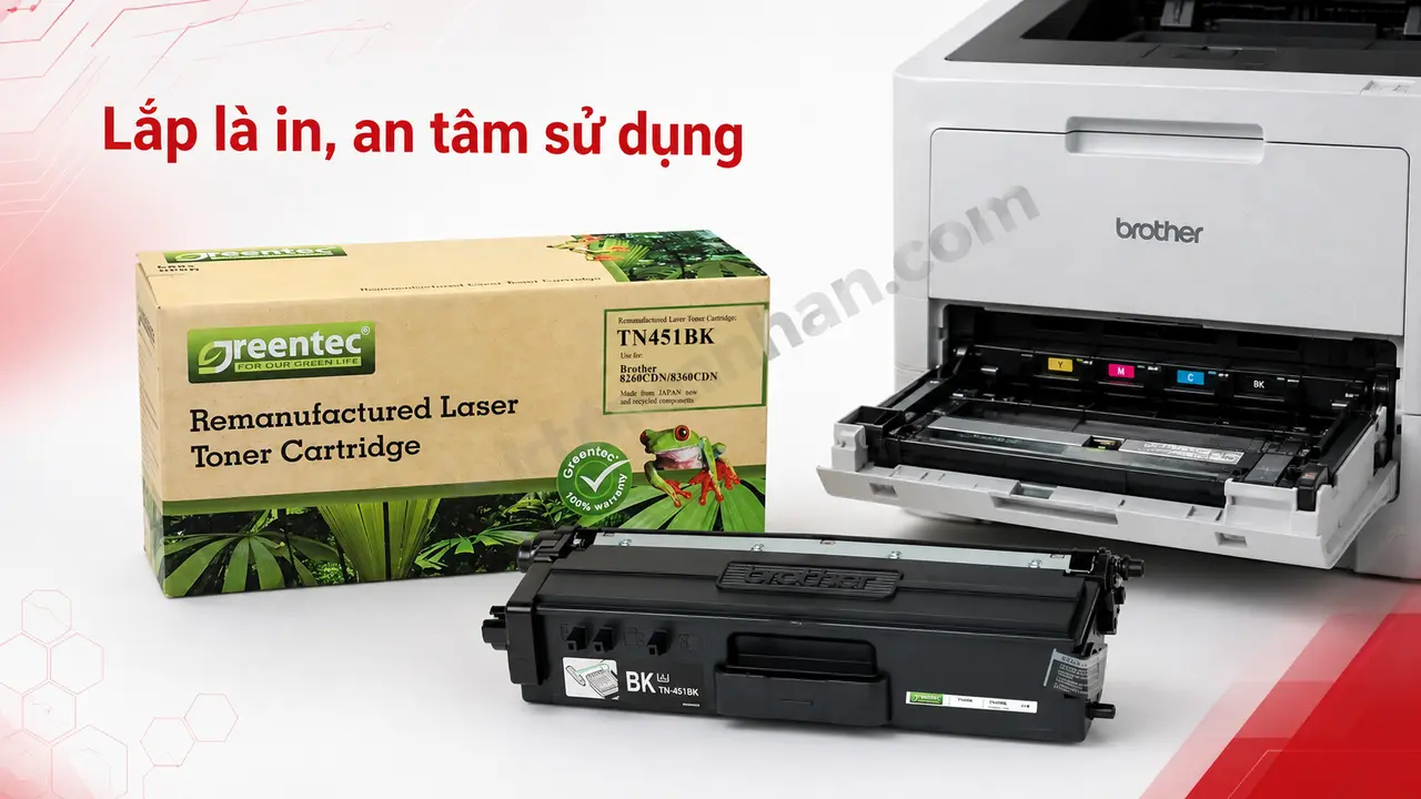Hộp mực Greentech TN451BK cạnh khay mực máy Brother HL-L8360CDW