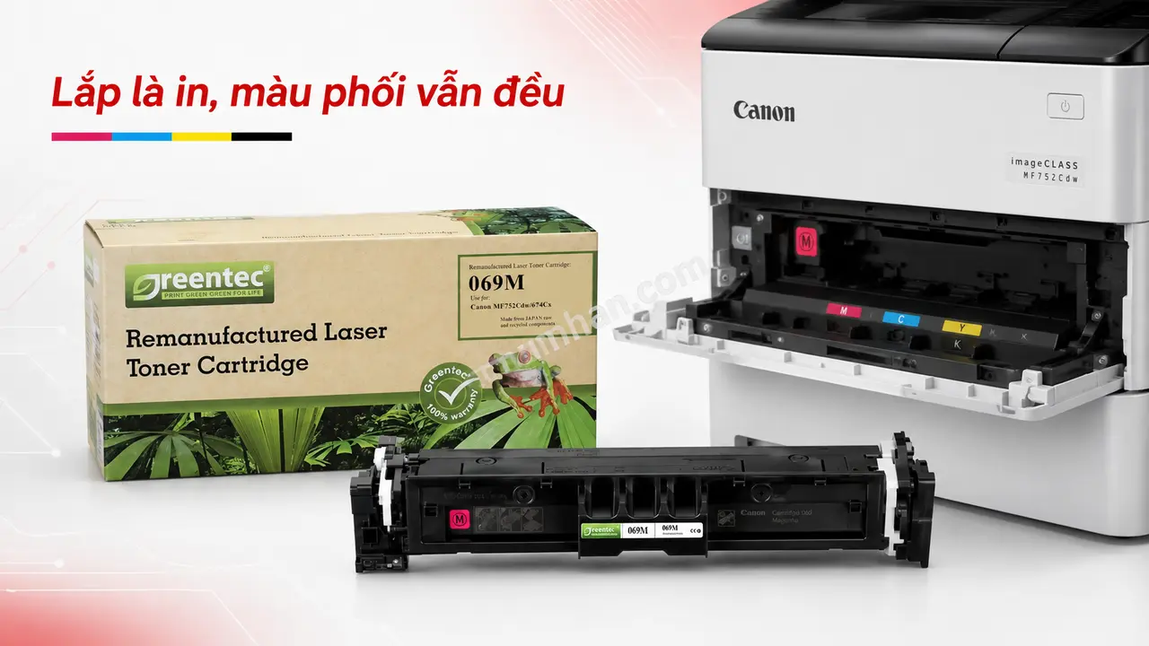Hộp mực Greentech CN069M màu hồng cạnh máy Canon MF752Cdw