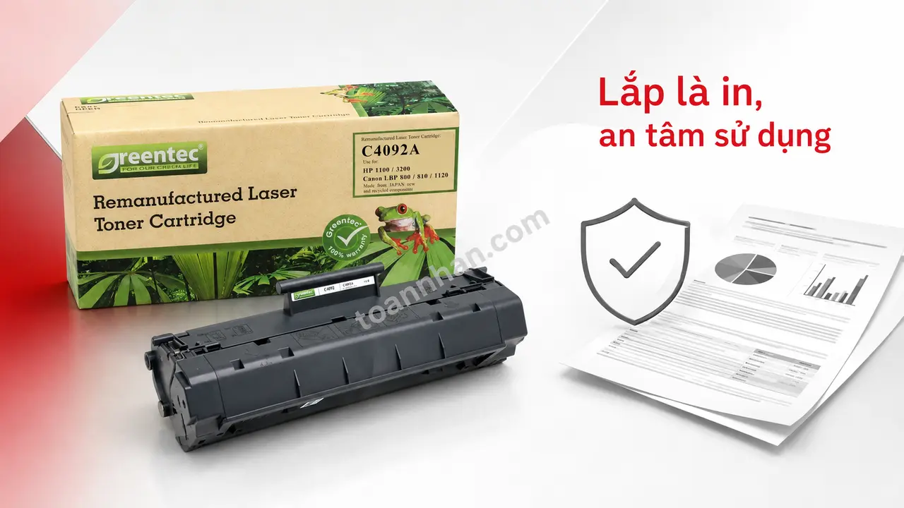 Hộp và cartridge Greentech C4092A cạnh văn bản và biểu tượng bảo vệ