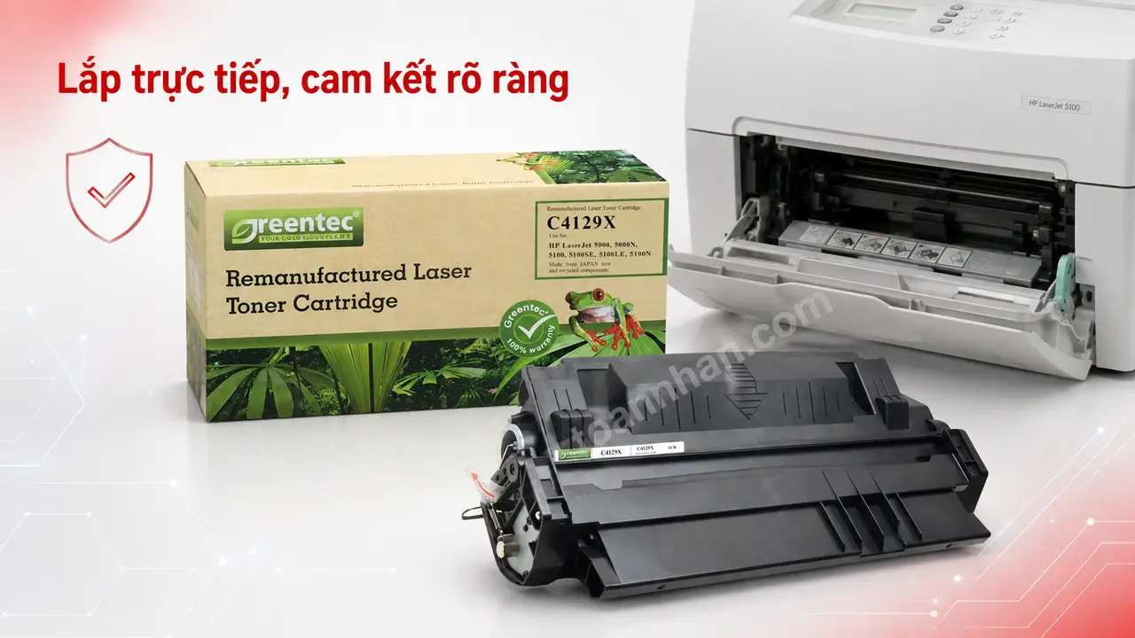 Hộp mực Greentech C4129X cạnh máy HP LaserJet 5100