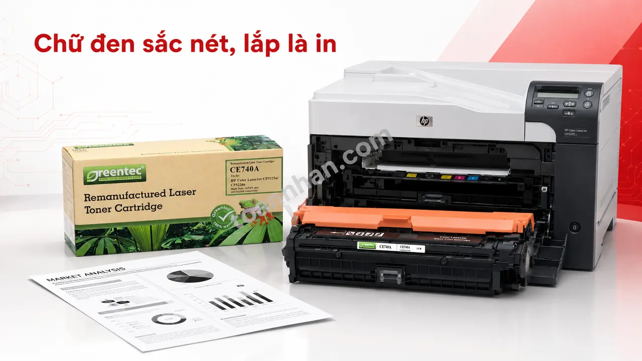 Hộp mực Greentech CE740A cạnh máy HP CP5225dn và bản in A3