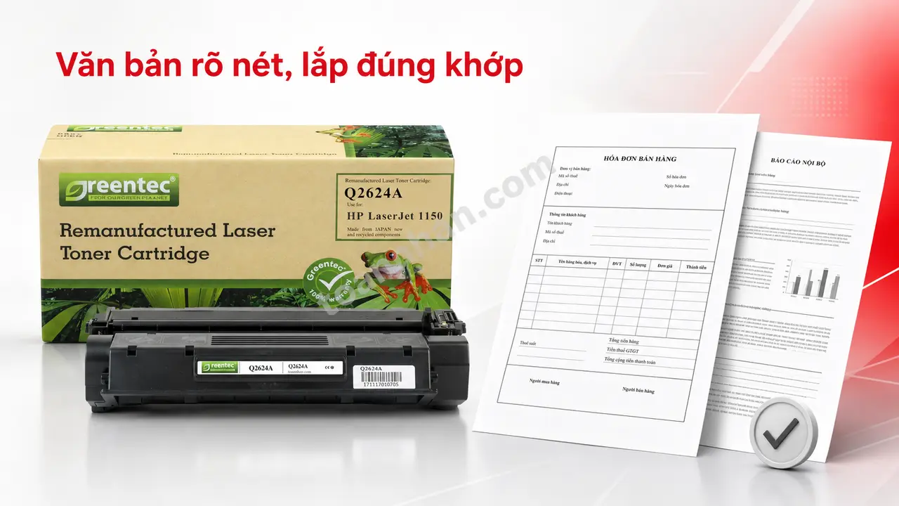 Hộp và cartridge Greentech Q2624A cạnh hóa đơn và văn bản rõ nét