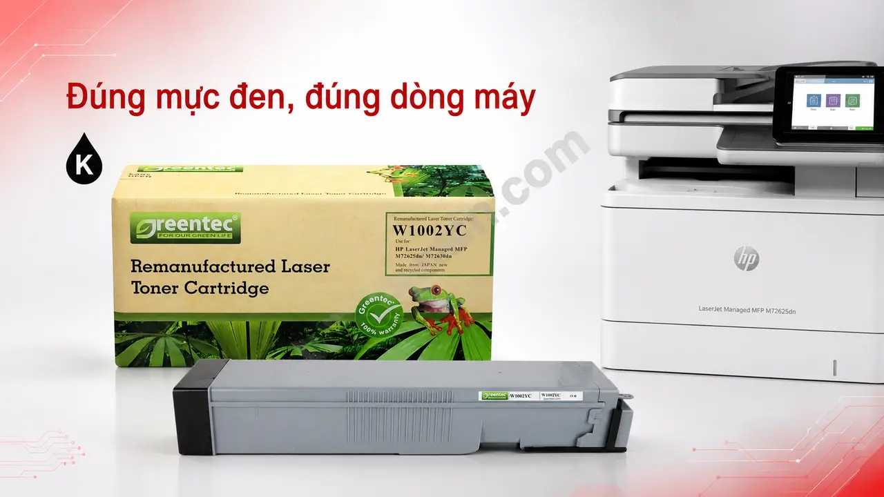 Hộp mực đen Greentech W1002YC cạnh máy HP M72625dn
