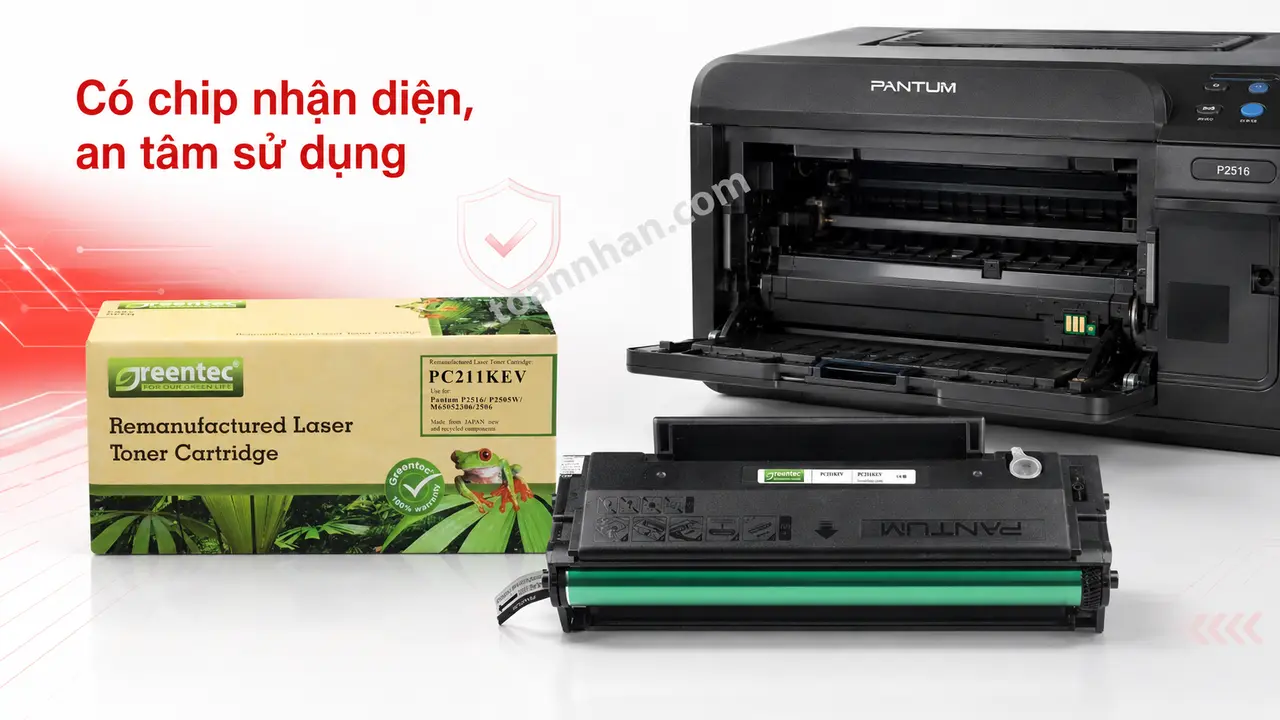 Hộp mực Greentech PC211KEV cạnh khay mực máy Pantum P2516