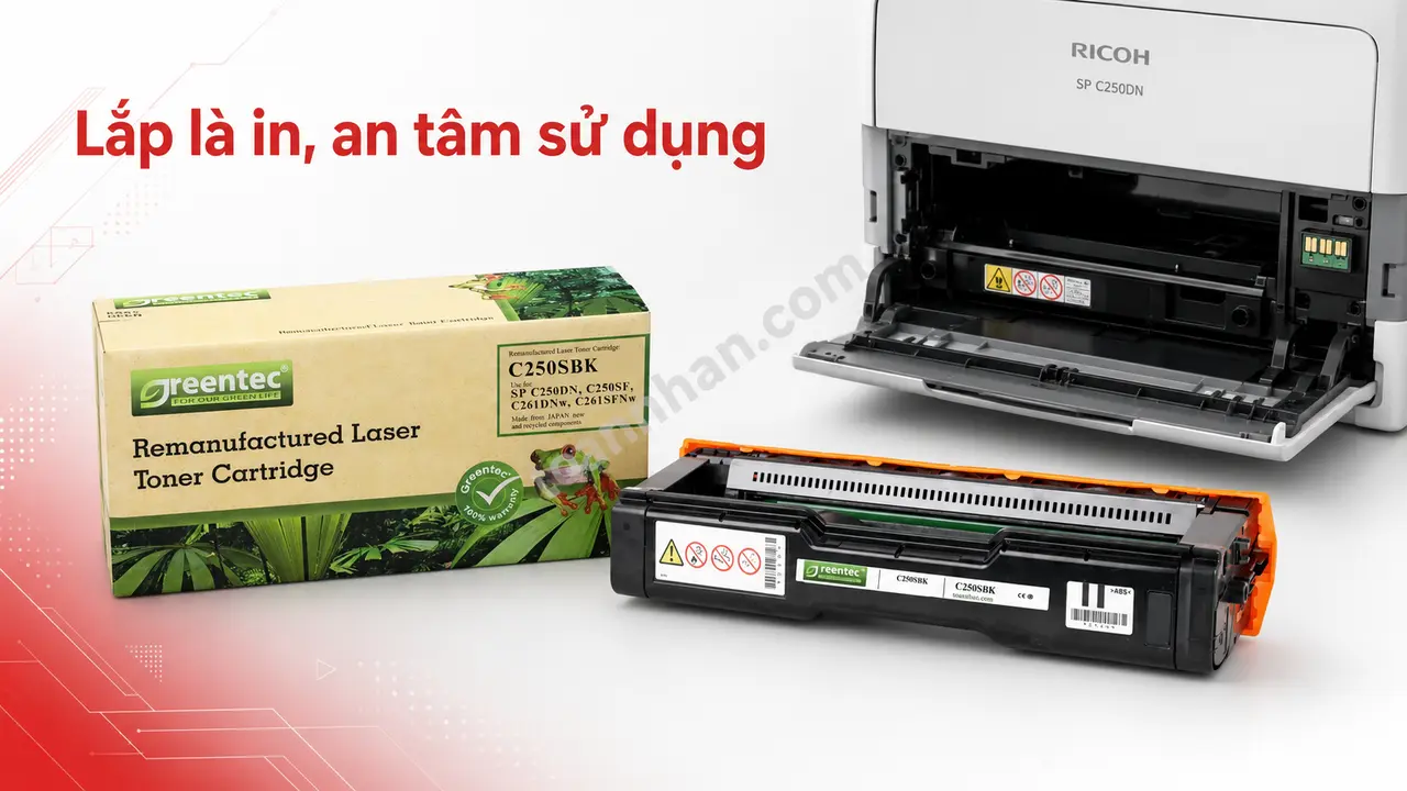 Hộp mực Greentech C250SBK cạnh khay mực máy Ricoh SP C250DN