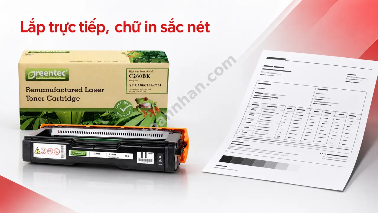 Hộp và cartridge Greentech C260BK cạnh bản in chữ sắc nét