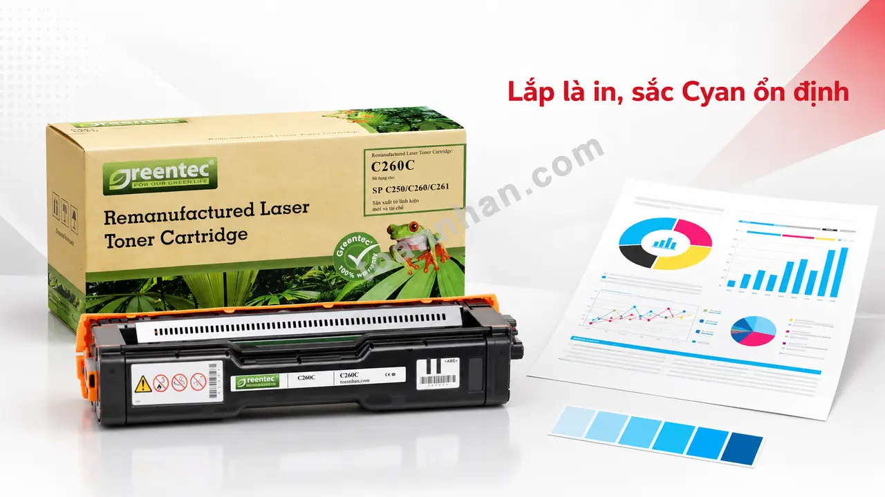 Hộp và cartridge Greentech C260C minh họa sắc Cyan ổn định