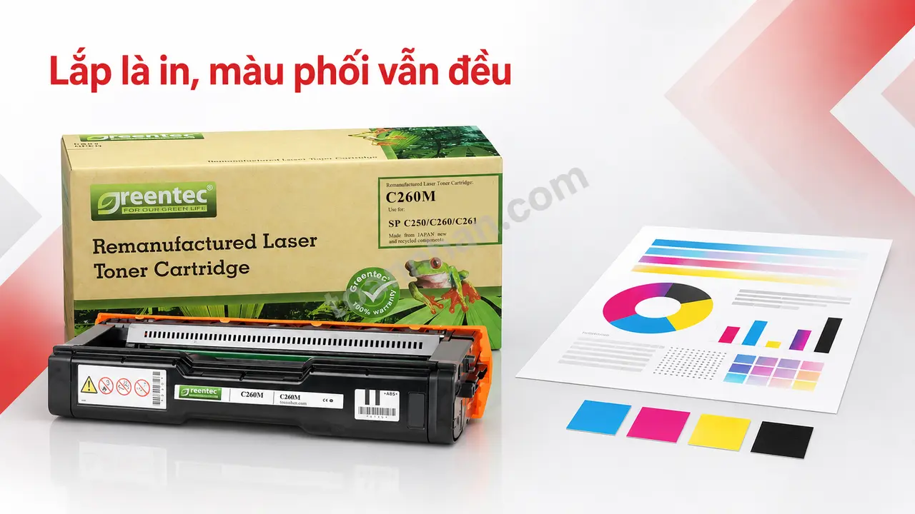 Hộp và cartridge Greentech C260M minh họa màu CMYK đồng đều