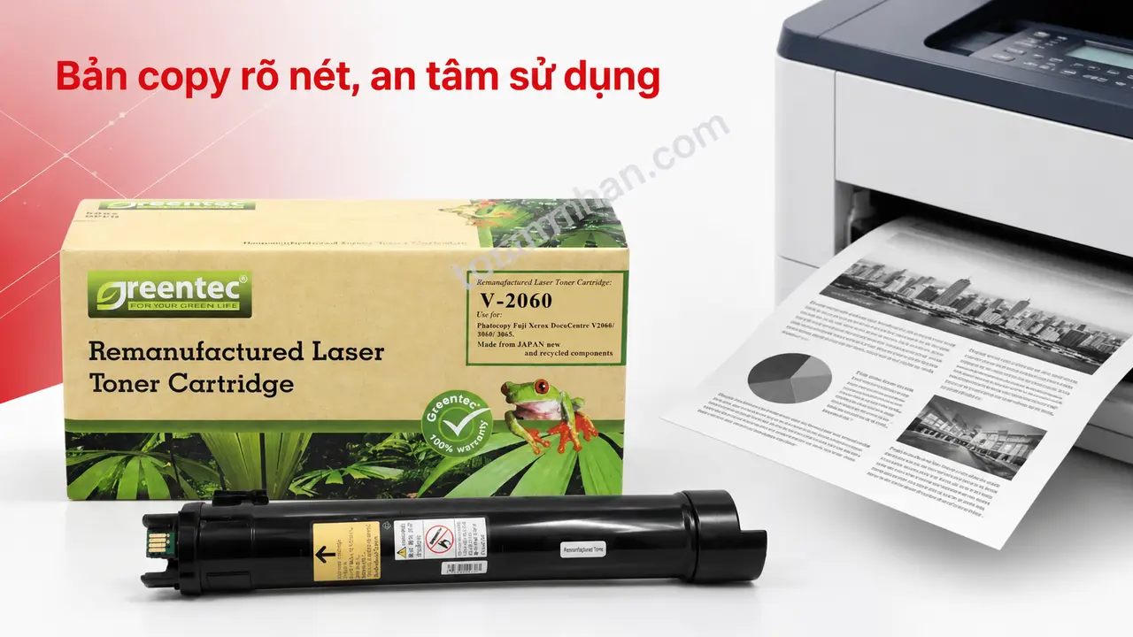 Mực Greentech V-2060 cạnh máy Xerox và bản copy rõ nét