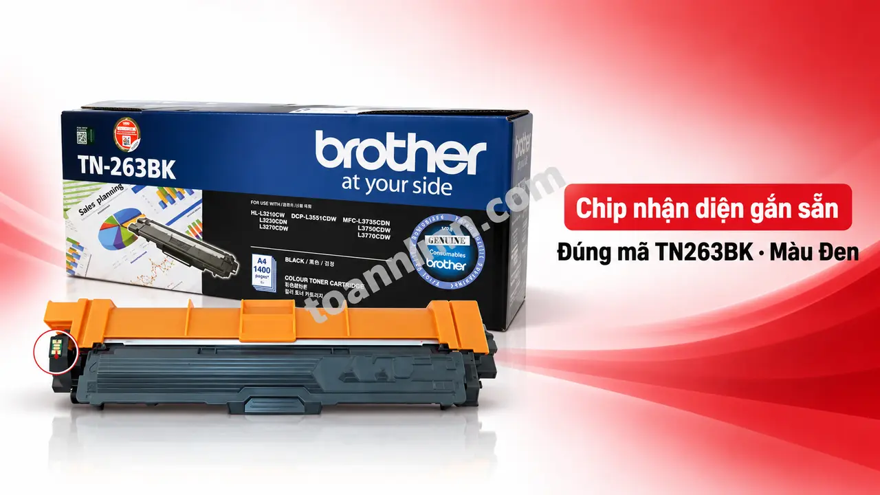 Hộp mực Brother TN263BK chính hãng màu đen có chip nhận diện gắn sẵn