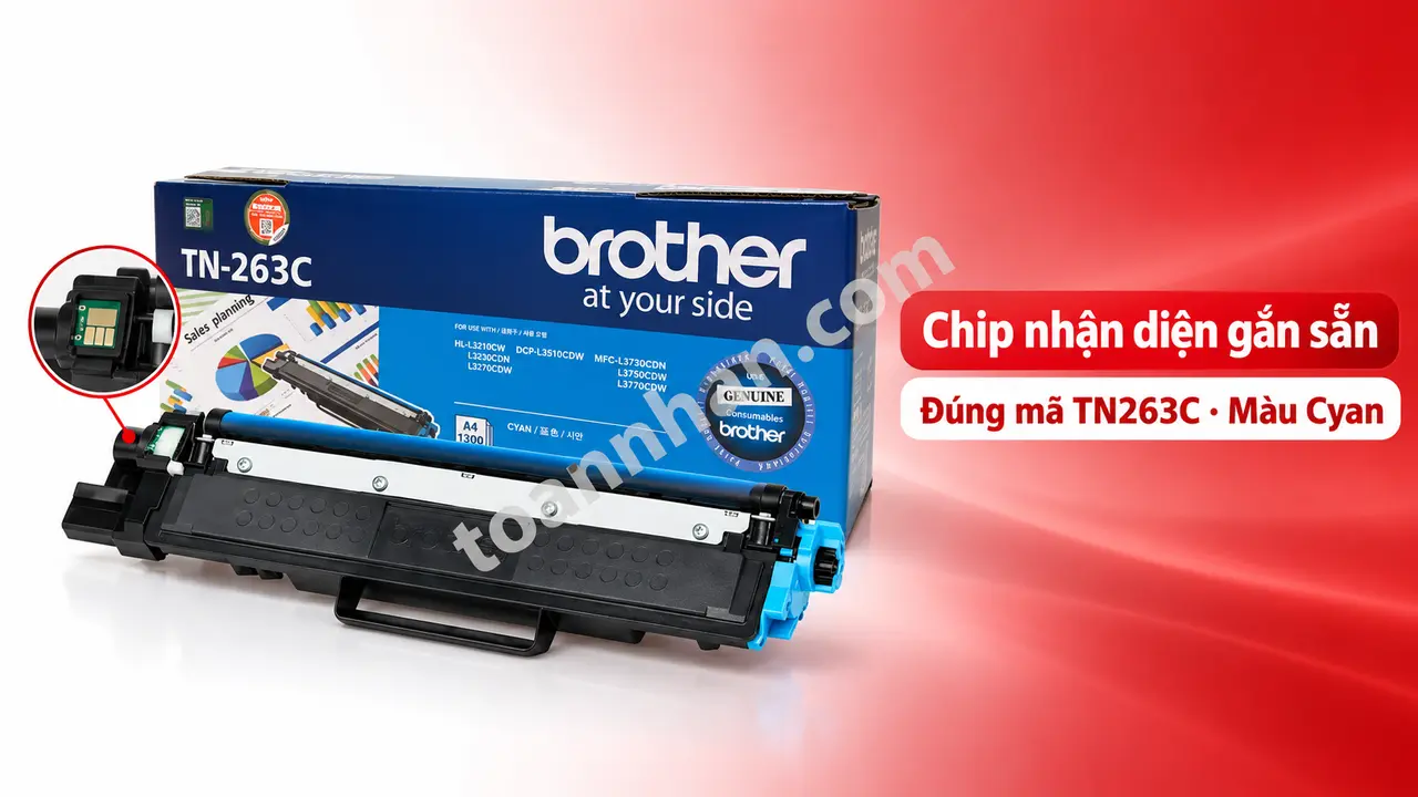 Hộp mực Brother TN263C chính hãng màu cyan có chip nhận diện gắn sẵn