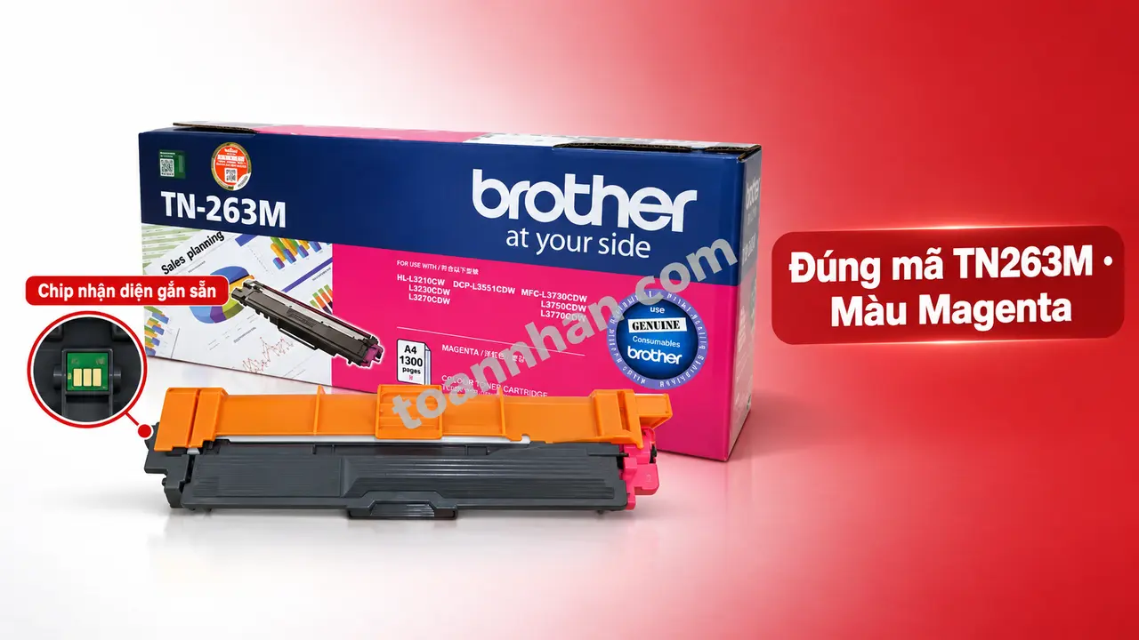 Hộp mực Brother TN263M chính hãng màu magenta có chip nhận diện gắn sẵn